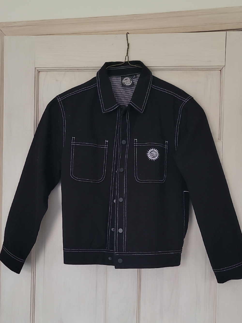Santa Cruz Skateboards Black Bomber Jacket with White Stitching, Flanel Lining